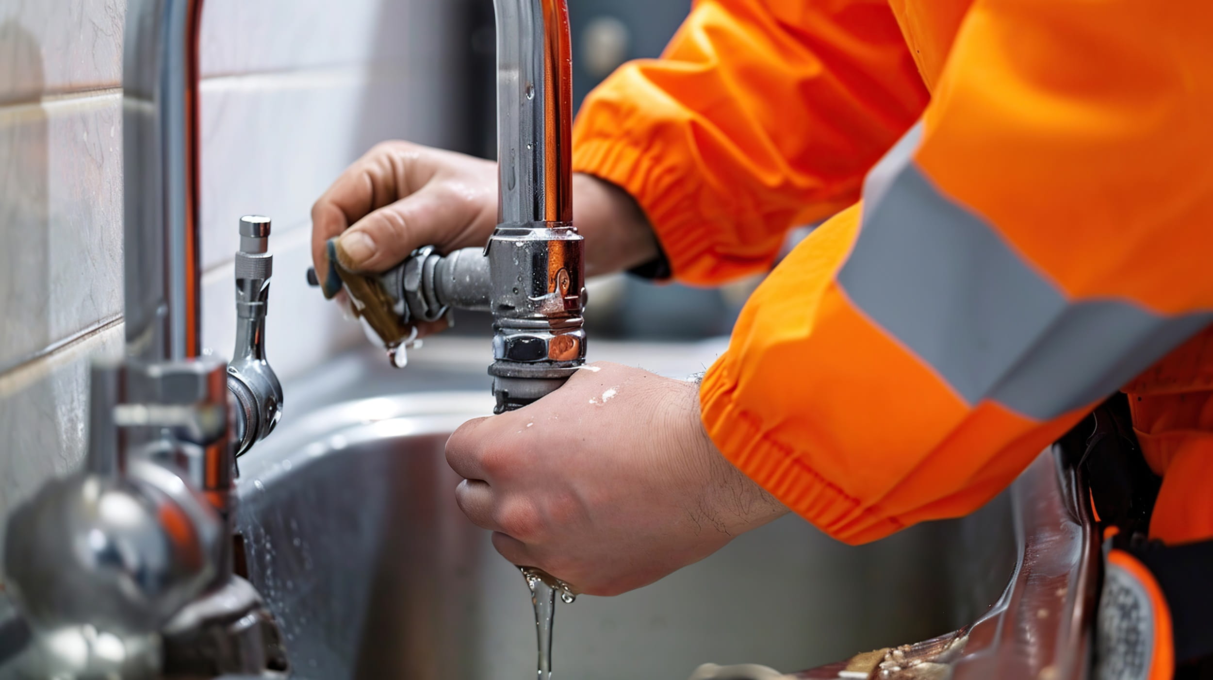 Plumber in high-visibility workwear repairing a leaking commercial tap