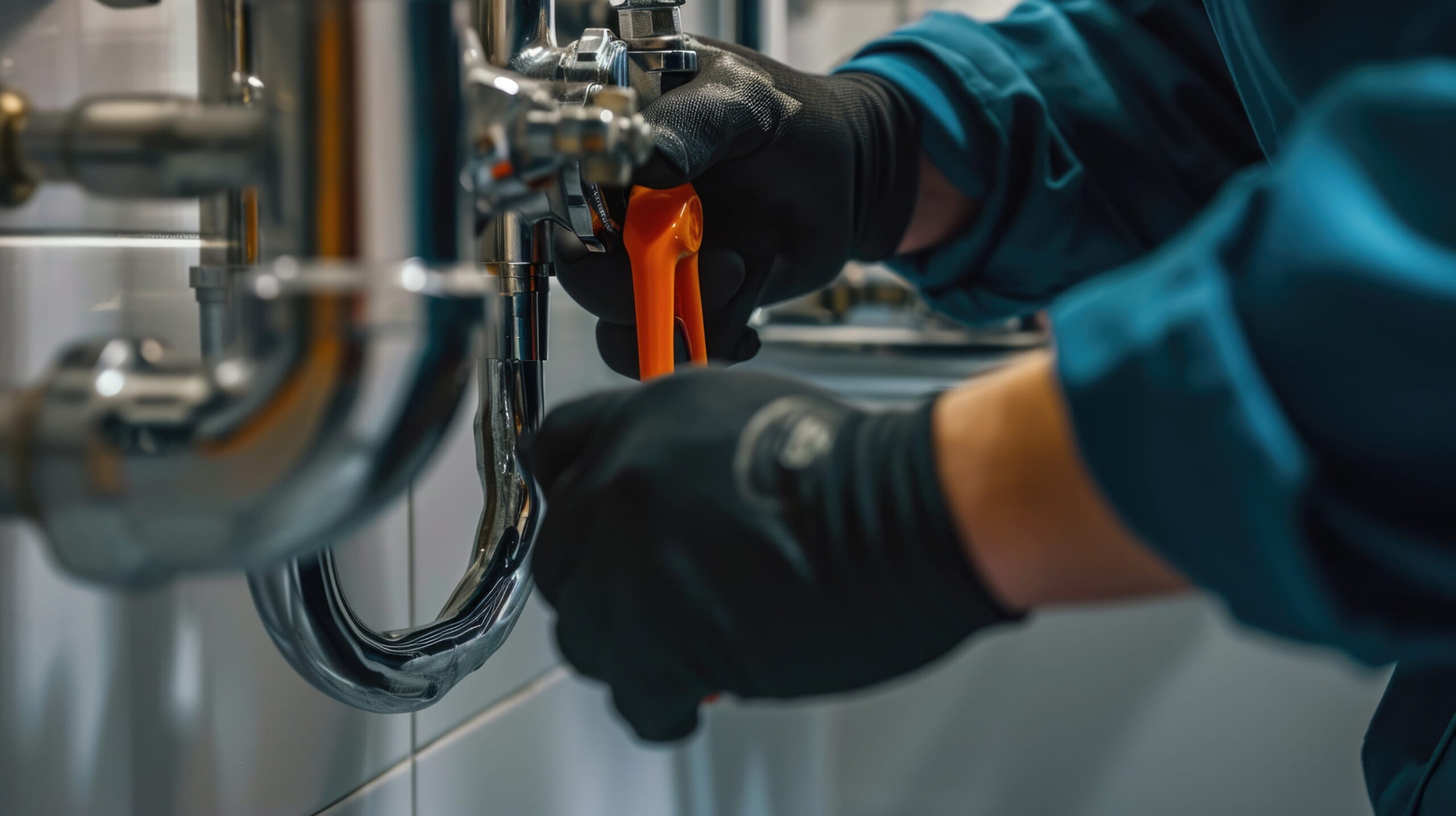 Plumber using a pipe wrench to service commercial plumbing pipework