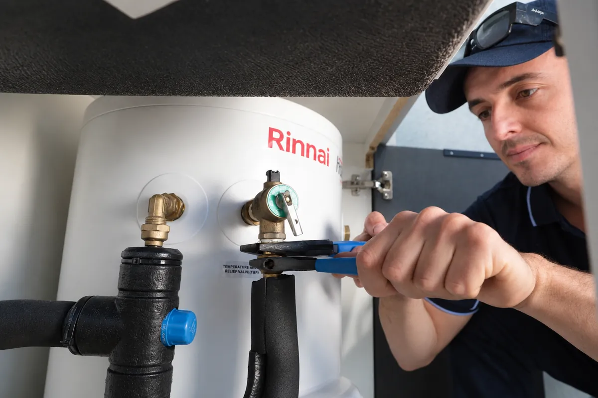 Plumber servicing a hot water system for school and university facilities