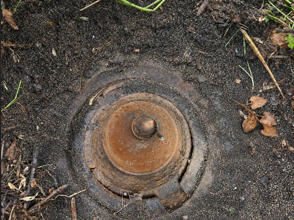 Rusted stormwater pit cover in a garden bed needing drain maintenance
