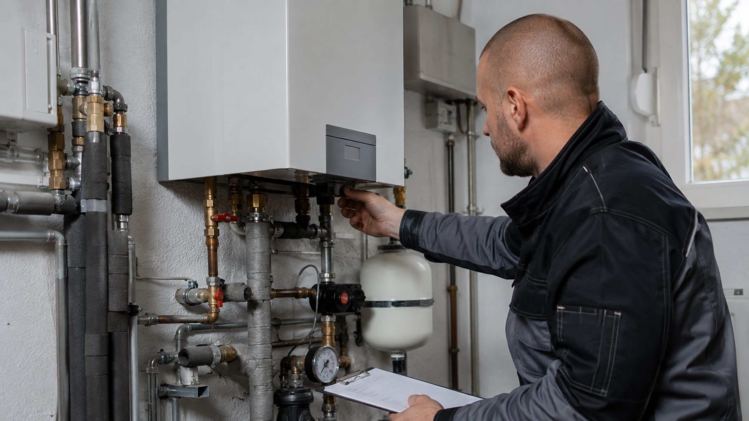 technician inspecting wall mounted boiler